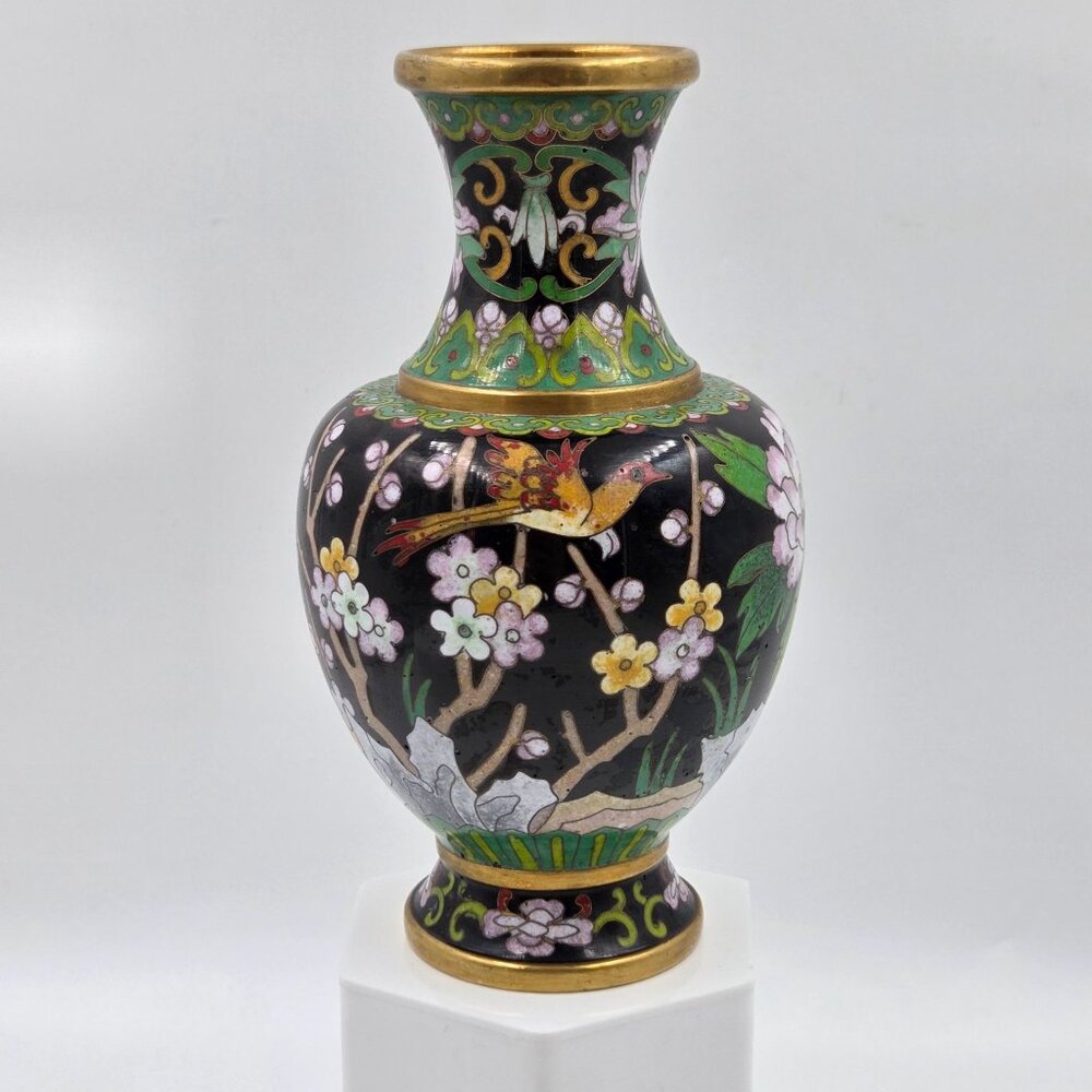 Jingtai Cloisonné Enamel Peony Motif Ruyi Border Bud Base - Picture 4 of 14